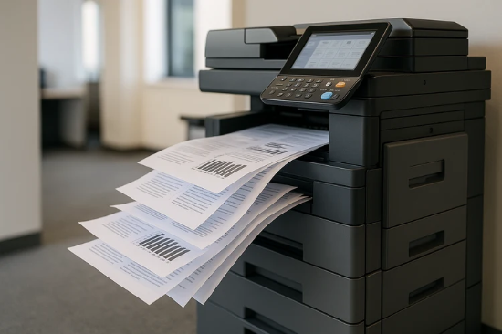 Charcoal desktop printer producing color and black-and-white graphic documents